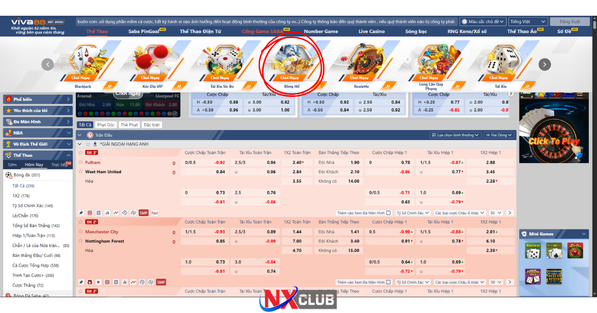 Rồng hổ saba game